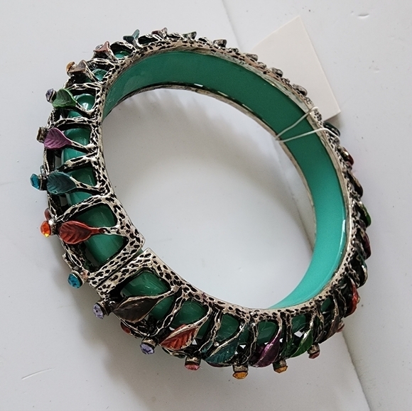 NWT Turquoise Antique Metal Leaf Crystal Tube Beaded Bangle Bracelet - Picture 7 of 8